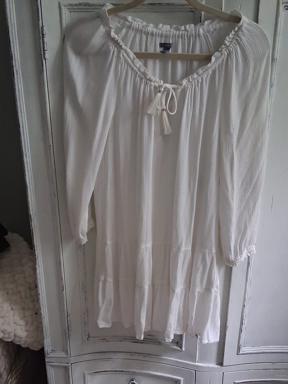 aerie White Crinkle Peasant Chemise with Tassel Tie